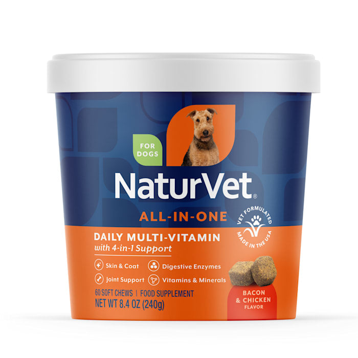 NaturVet All-In-One Dog Soft Chews - 4-in-1 Support - Digestion, Skin & Coat, Vitamins & Minerals - 60 Count