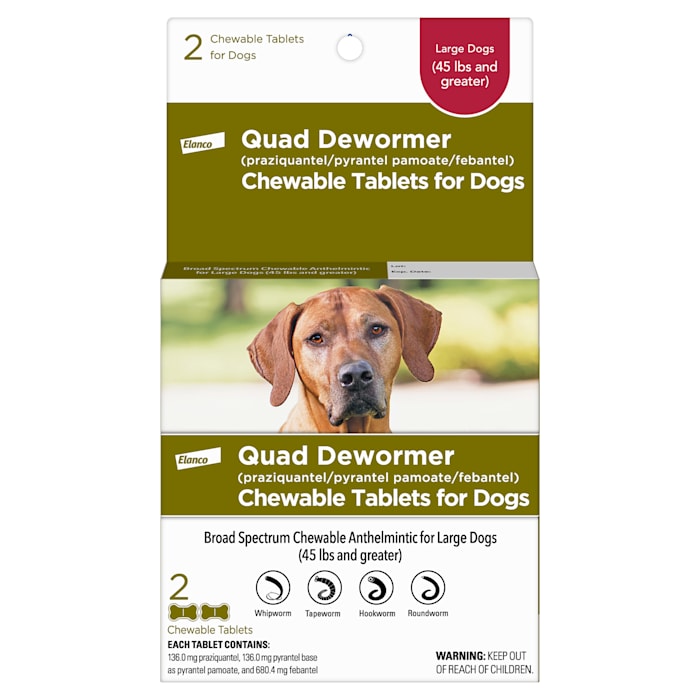 Elanco Quad Dewormer for Large Dogs (45+ lbs) - 2 Chewable Tablets - Broad Spectrum Worm Treatment