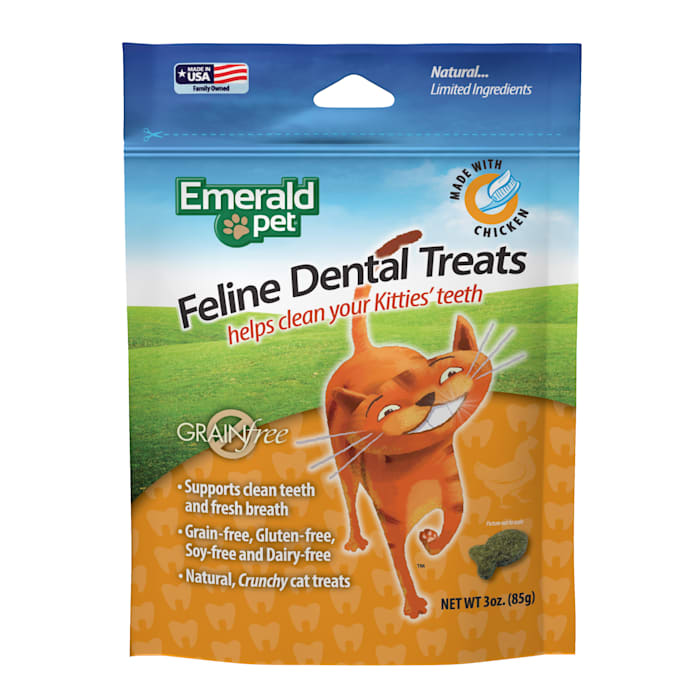 Emerald Pet Feline Dental Treats - Chicken Flavor, Grain-Free, 3 oz - Cat Dental Care