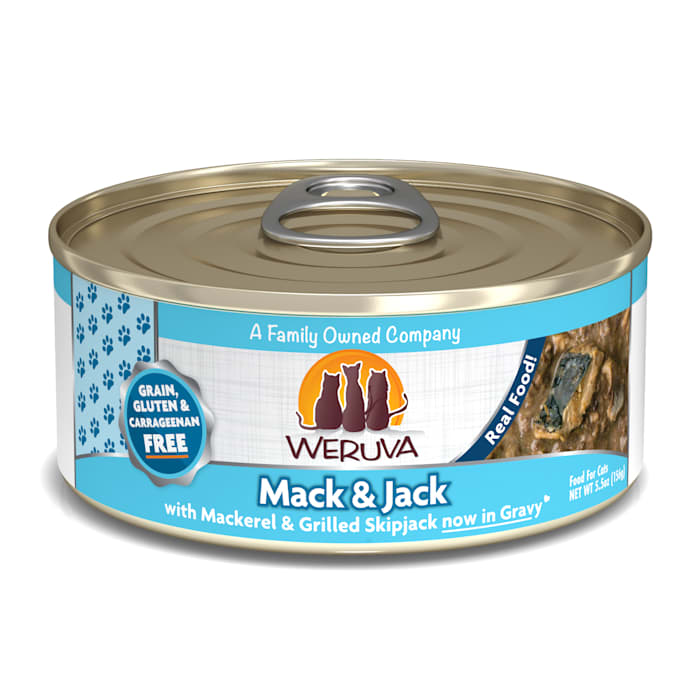 Weruva Mack & Jack Cat Food - Classic Canned Wet Food, Mackerel & Skipjack in Gravy, Grain-Free, 5.5 oz Can