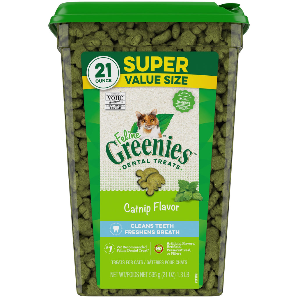 FELINE GREENIES Natural Dental Care Cat Treats - Catnip Flavor - 21 oz Tub