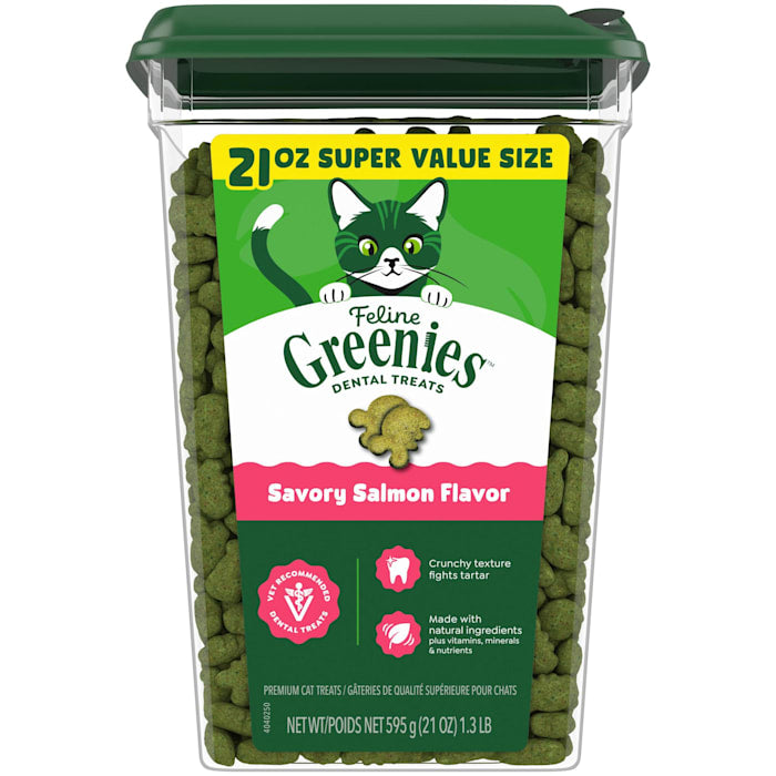 Greenies Feline Dental Treats - Savory Salmon Flavor - 21oz Tub - Natural Cat Dental Care