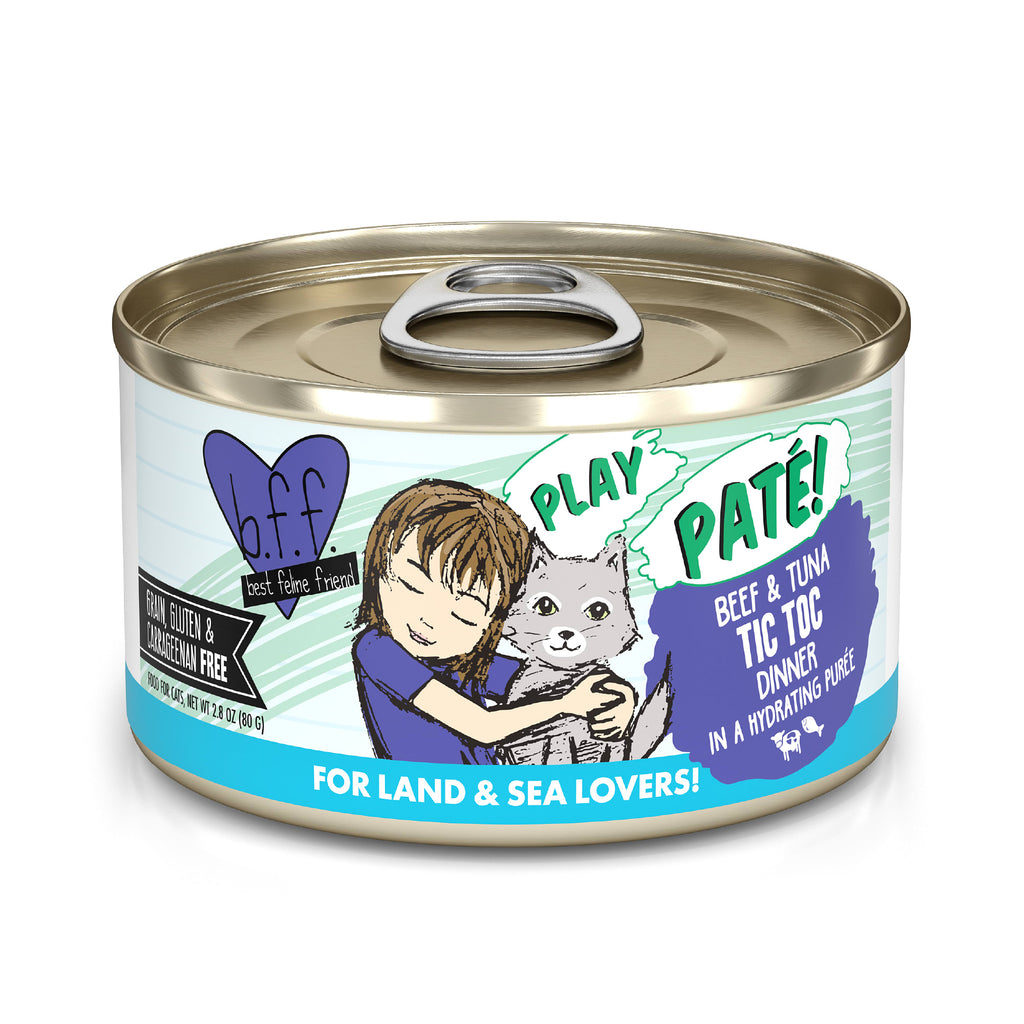 BFF Play Tic Toc Beef & Tuna Pate Wet Cat Food, 2.8 oz Grain-Free Dinner