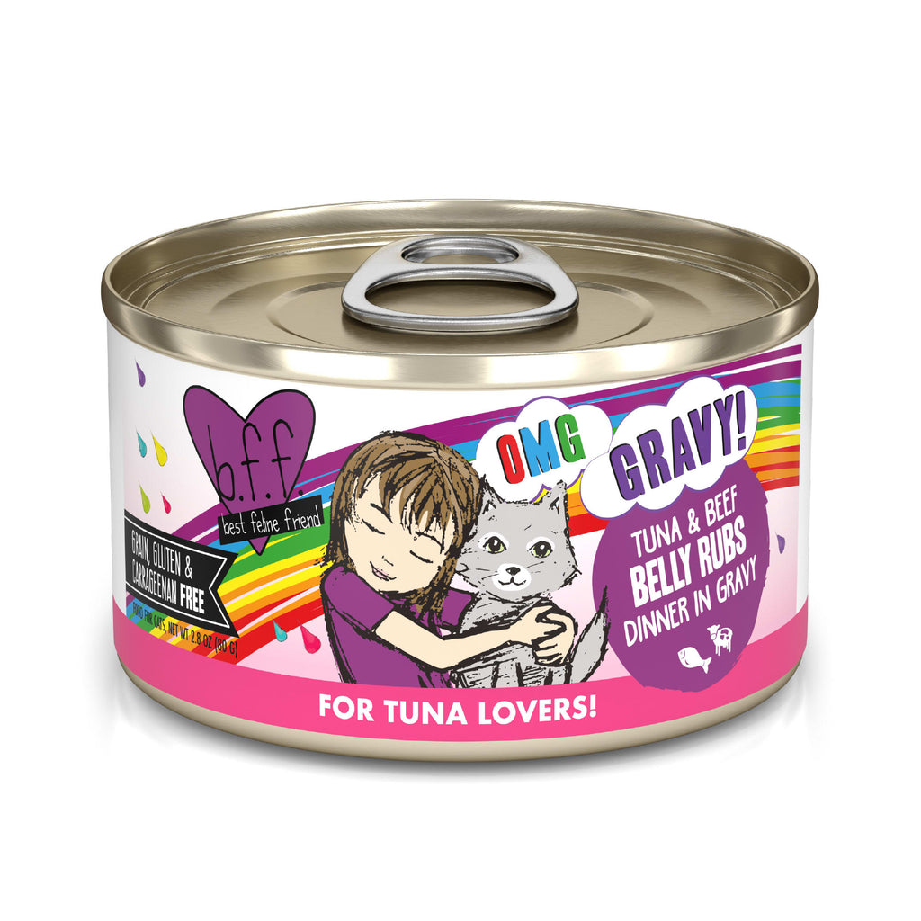 BFF OMG Belly Rubs Tuna & Beef Cat Food, 2.8 oz (Case of 12) - Dinner in Gravy