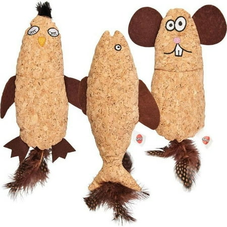 SPOT Corkies Hug N Kick Catnip Cat Toy - Natural Cork & Feathers, 8" Assorted Styles