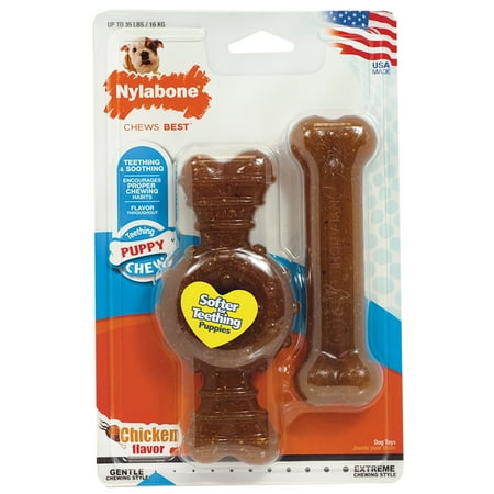 Nylabone Puppy Twin Pack Ring & Bone Chew Toy Combo, Chicken Flavor, Medium/Wolf, Up to 35 lbs