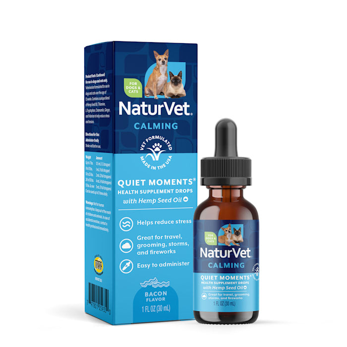 NaturVet Hemp Quiet Moments Calming Drops - Dogs & Cats - Hemp Oil, L-Tryptophan, Chamomile - 1oz
