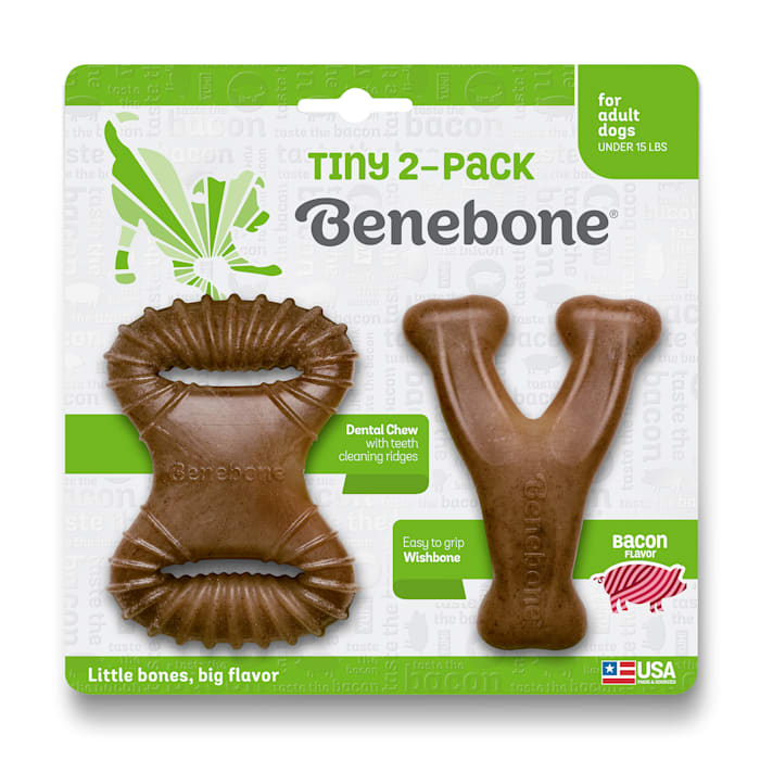 Benebone Tiny 2-Pack Dog Chew Toys - Dental Chew & Wishbone, Real Bacon Flavor for Small Dogs