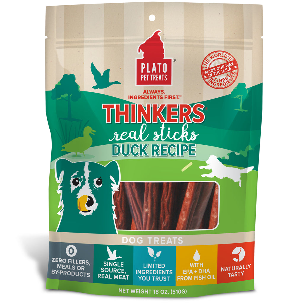 Plato Thinkers Duck Dog Treats - Natural, 18oz Meat Sticks with EPA & DHA for Brain Health