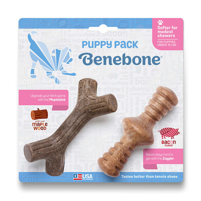 Benebone Puppy 2-Pack: Maplestick & Zaggler Bacon Flavor - Tiny/XS Durable Dog Chew Toys for Teething Puppies