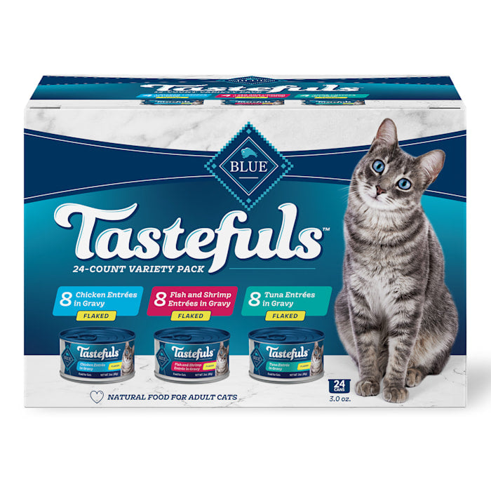 Blue Buffalo Tastefuls Flaked Wet Cat Food Variety Pack, 3oz Cans (12 Count) - Tuna, Chicken, Fish & Shrimp in Gravy