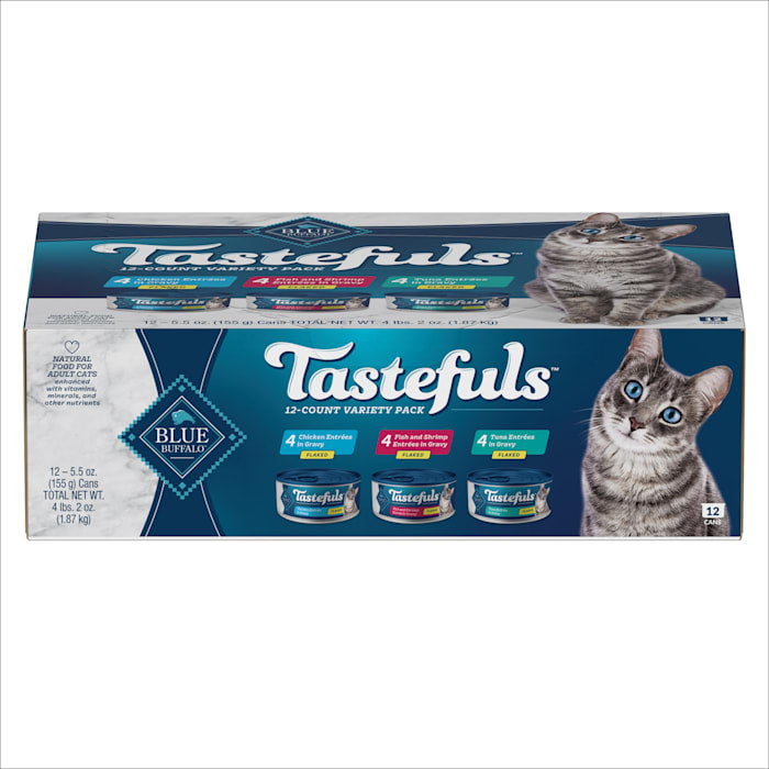Blue Buffalo Tastefuls Flaked Wet Cat Food Variety Pack, Tuna, Chicken, & Shrimp in Gravy, 5.5 oz, 12 Count