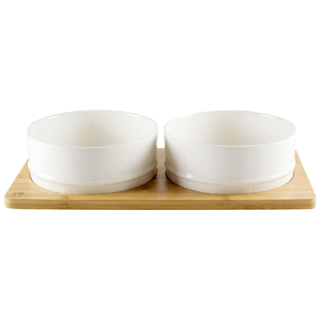 BeOneBreed White Ceramic Double Bowls with Bamboo Base - Small Pet Bowl Set