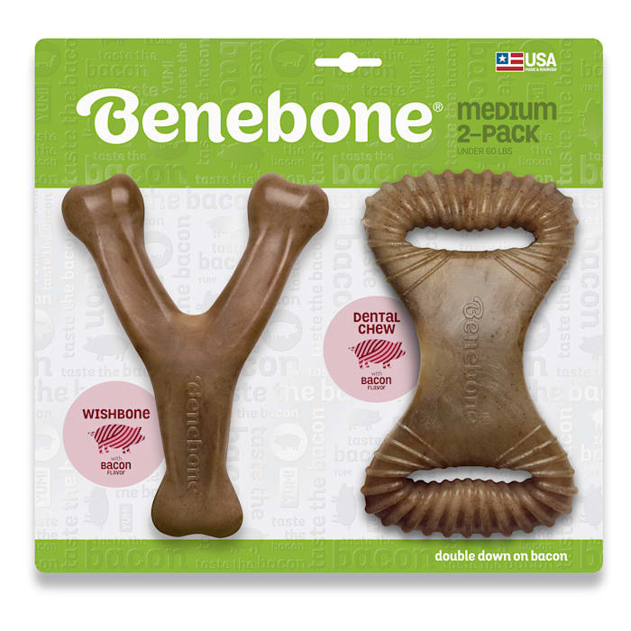 Benebone Medium 2-Pack: Wishbone & Dental Chew Bacon Flavor Dog Toys