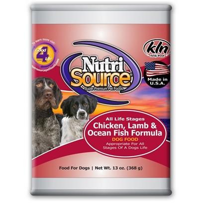 NutriSource Chicken, Lamb & Ocean Fish Canned Wet Dog Food, 13 oz Can (12.3 oz or 368g) All Life Stages Formula