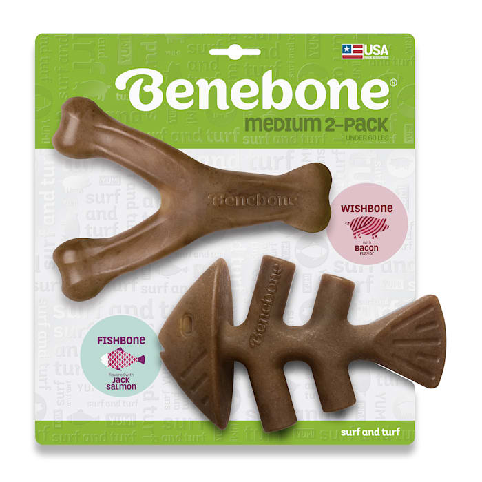 Benebone Fishbone & Wishbone Dog Chew Toy 2-Pack - Medium, Bacon & Salmon Flavored