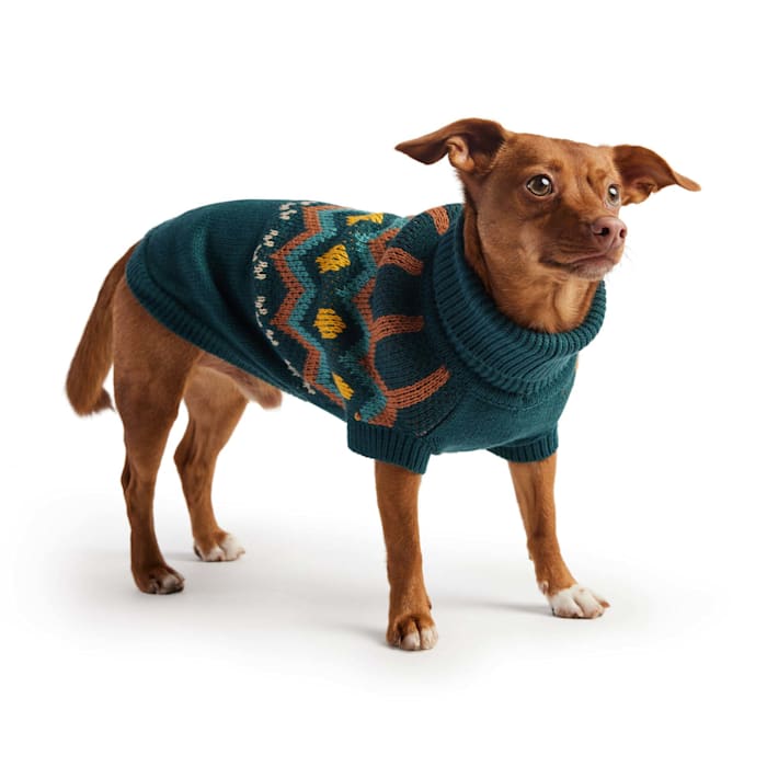 GF Pet Heritage Sweater - Teal - 3XS - Dog Sweater - Turtleneck - Patterned Knit