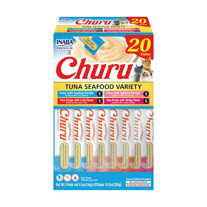 INABA Churu Cat Treats Seafood Variety Box - 20 Tubes, Lickable Grain-Free Cat Treats