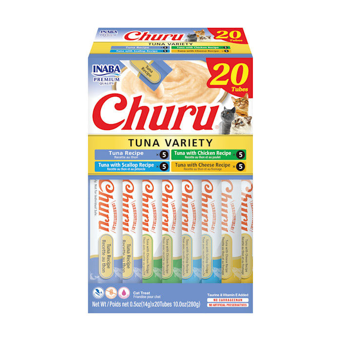 INABA Churu Cat Treats - Lickable Tuna Variety Box - 20 Tubes (0.5 oz each) Creamy Purée Cat Treat with Green Tea Extract & Taurine