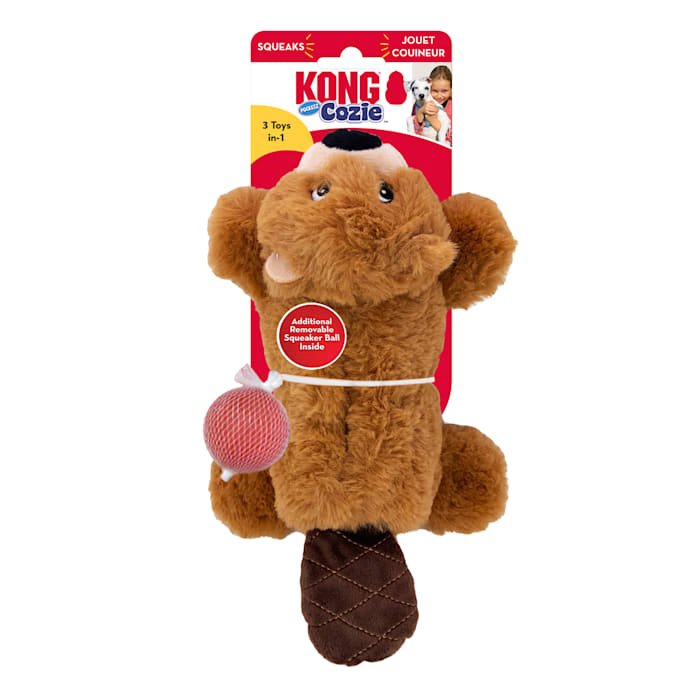 KONG Cozie Pocketz Beaver Dog Toy - Small Plush Puzzle with Squeaky Balls