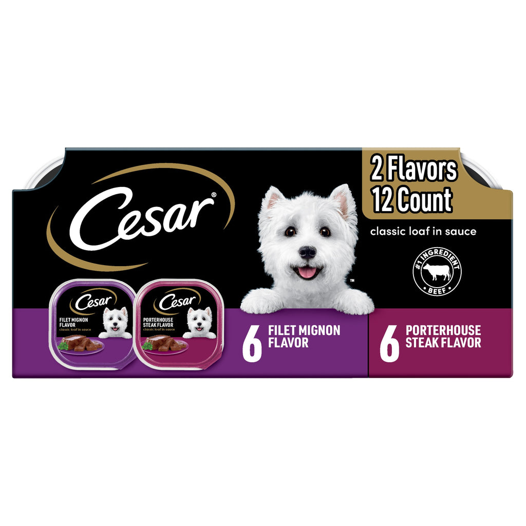Cesar Classic Loaf in Sauce Filet Mignon & Porterhouse Steak Variety Pack Wet Dog Food, 3.5oz Trays, 12 Count