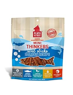 PLATO Mini Thinkers Salmon Recipe Dog Treats, 3oz Natural Real Meat Sticks - Brain Support