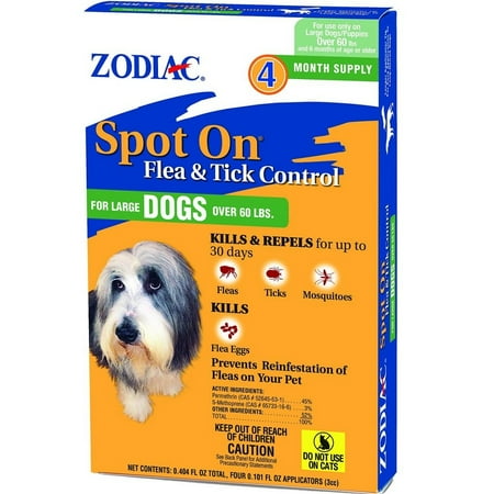 Zodiac Spot On Flea & Tick Control for Large Dogs, 60+ lbs, 4-Pack