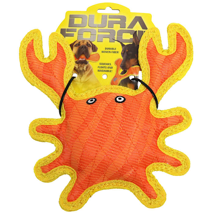 DuraForce Crab Dog Toy - Tiger Orange/Yellow - Durable Plush Squeaky Chew Toy for Dogs