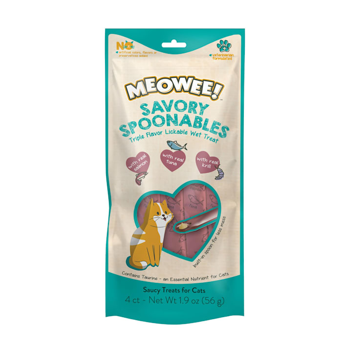 Meowee! Savory Spoonables Cat Treats - Salmon, Tuna & Krill Flavor, 1.9 oz (4 Count) Lickable Wet Treat with Built-in Spoon