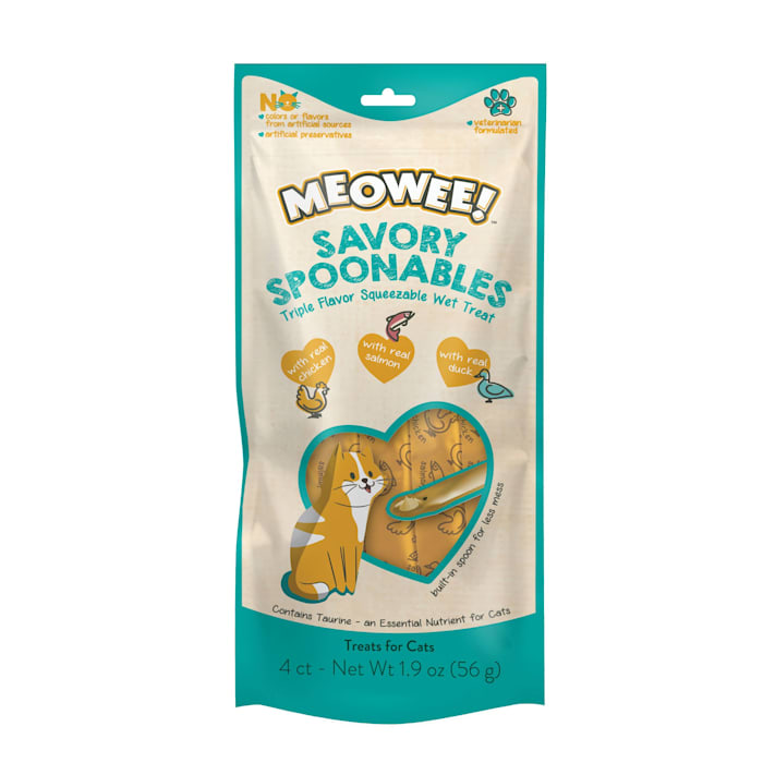 Meowee! Savory Spoonables Cat Treats - Chicken, Salmon & Duck - 4 Count Lickable Wet Treats