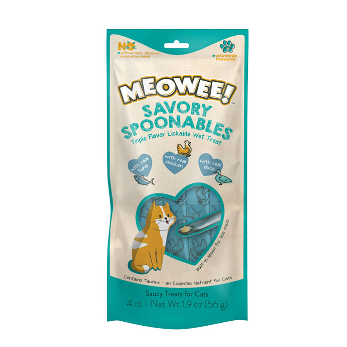 Meowee! Savory Spoonables Cat Treats - Tuna, Chicken & Duck - 4 Count Lickable Wet Treats with Built-in Spoon