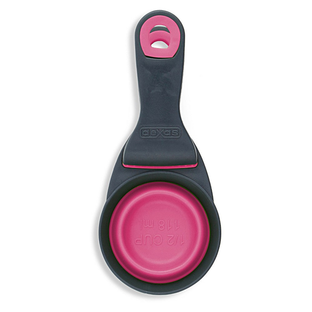 Dexas Popware Pets Collapsible Klip Scoop - 1/2 Cup Food Scooper, Clip, Measuring Cup Gray/Pink