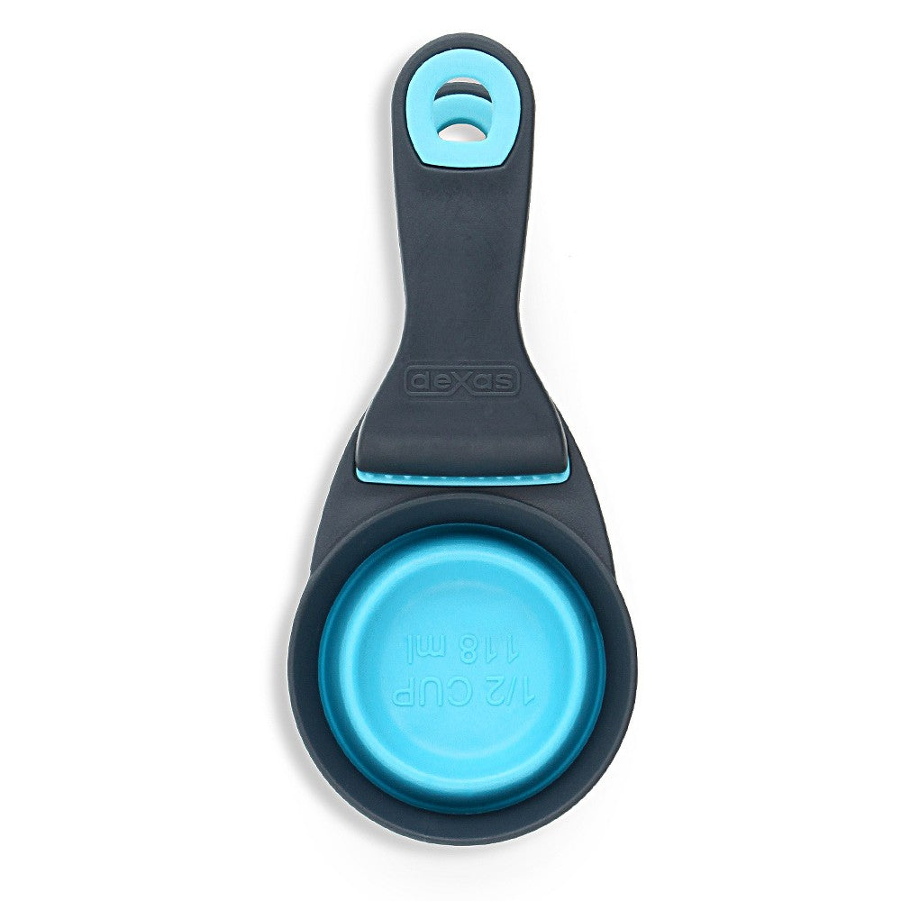 Dexas Popware for Pets Collapsible KlipScoop, 1/2 Cup (4oz), Gray/Blue - Food Scoop, Measuring Cup & Bag Clip