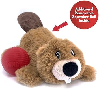 KONG Cozie Pocketz Beaver Dog Toy - Medium Plush Puzzle with Squeaker Balls