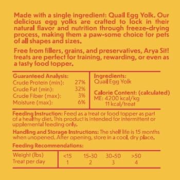 Arya Sit Freeze-Dried Quail Egg Yolk Dog & Cat Treats - Single Ingredient, Healthy Coat (5oz)