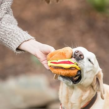 P.L.A.Y. American Classic Plush Burger Dog Toy - Durable & Eco-Friendly Hamburger Squeaky Toy for Pets