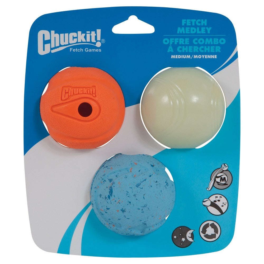 Chuckit! Fetch Medley Medium Dog Ball 3-Pack - Whistler, Glow, Rebounce - 2.25"