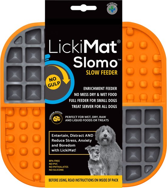 LickiMat Slomo Dog Slow Feeder Mat - Orange - Interactive Treat Dispenser for Anxiety Relief & Boredom Reduction