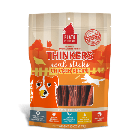 Plato Thinkers Chicken Recipe Dog Treats - 10oz Chicken Sticks with EPA & DHA