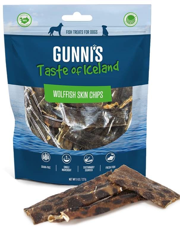 Gunni's Pet Wolffish Skin Chips Dog Treats - 9oz - Single Ingredient Icelandic Fish Chews