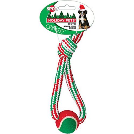 SPOT Ethical Christmas Dog Toy - Crinkle Rope with Tennis Ball - Red/Green - 13"