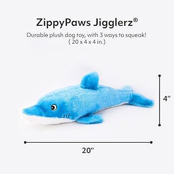 ZippyPaws Jigglerz Dolphin Dog Toy - Squeaky Plush Animal (Gray/Blue, Large)