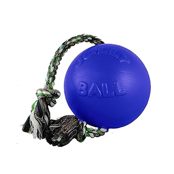 Jolly Pets Romp-N-Roll Dog Toy, 6 inch, Blue - Durable Rubber Ball with Rope for Tug & Fetch