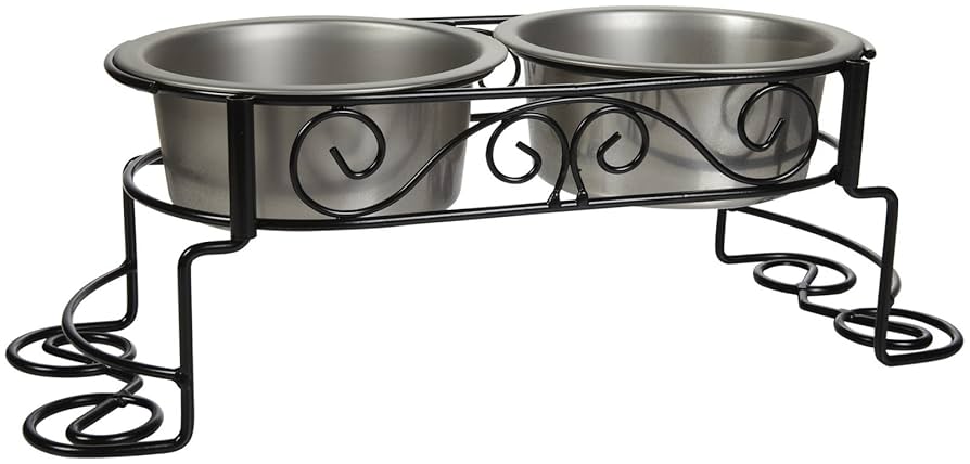 Ethical Pet Mediterranean Double Diner - 1 pt Stainless Steel Dog Bowl - Scroll Work Design