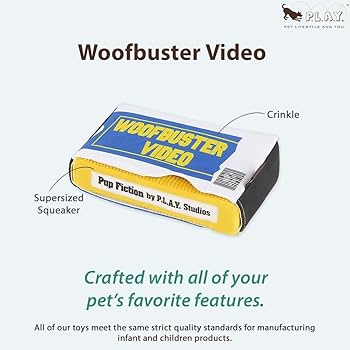 P.L.A.Y. 90s Classic Woofbuster Video Tape Plush Dog Toy - Squeaky, Crinkle, Durable