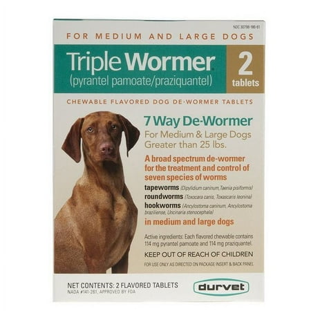 Durvet Triple Wormer for Medium & Large Dogs - 2 Chewable Tablets, 25+ lbs