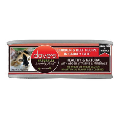 Dave's Cat Grain Free Saucey Pate Wet Cat Food, Chicken & Beef, 5.5 oz Can