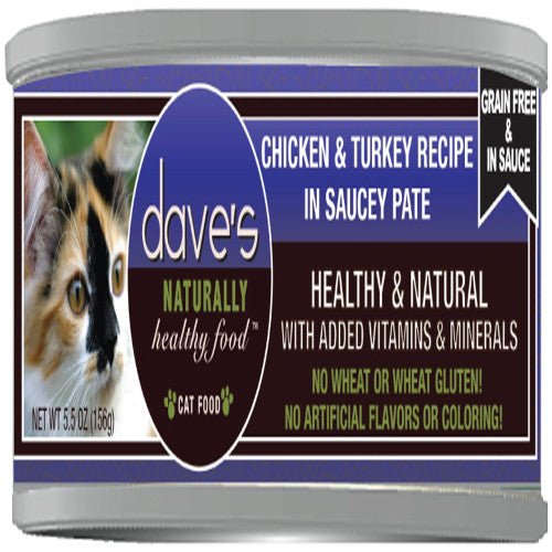 Dave's Cat Food 5.5oz Grain-Free Saucey Pate, Chicken & Turkey Recipe