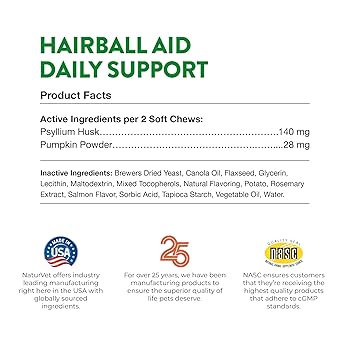 NaturVet Hairball Aid Plus Pumpkin Cat Soft Chews - 60 Count - Hairball Control & Prevention Supplement