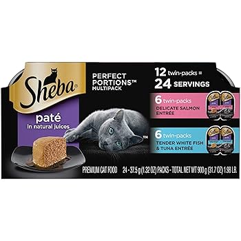 Sheba Perfect Portions Pate Wet Cat Food Variety Pack, Salmon, Tuna, Whitefish, Grain Free, 2.6 oz Twin Packs, 12 Count
